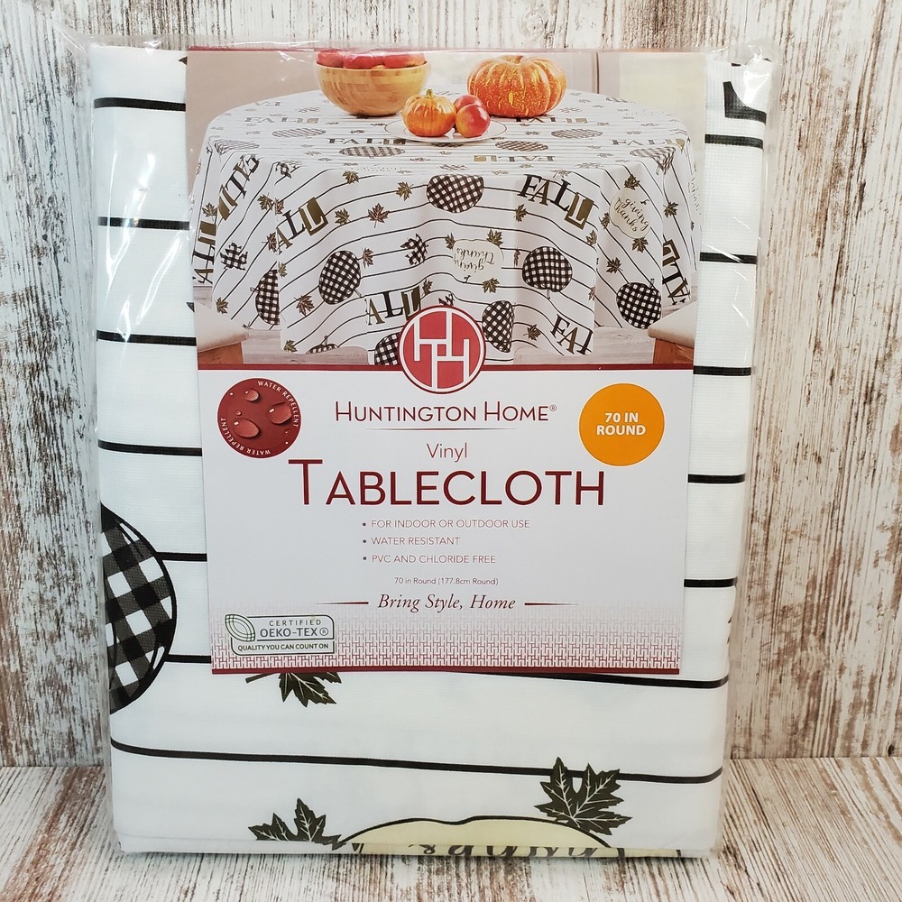 Huntington Home Fall Black White Cream Pumpkins Leaf 70" Round Vinyl Tablecloth